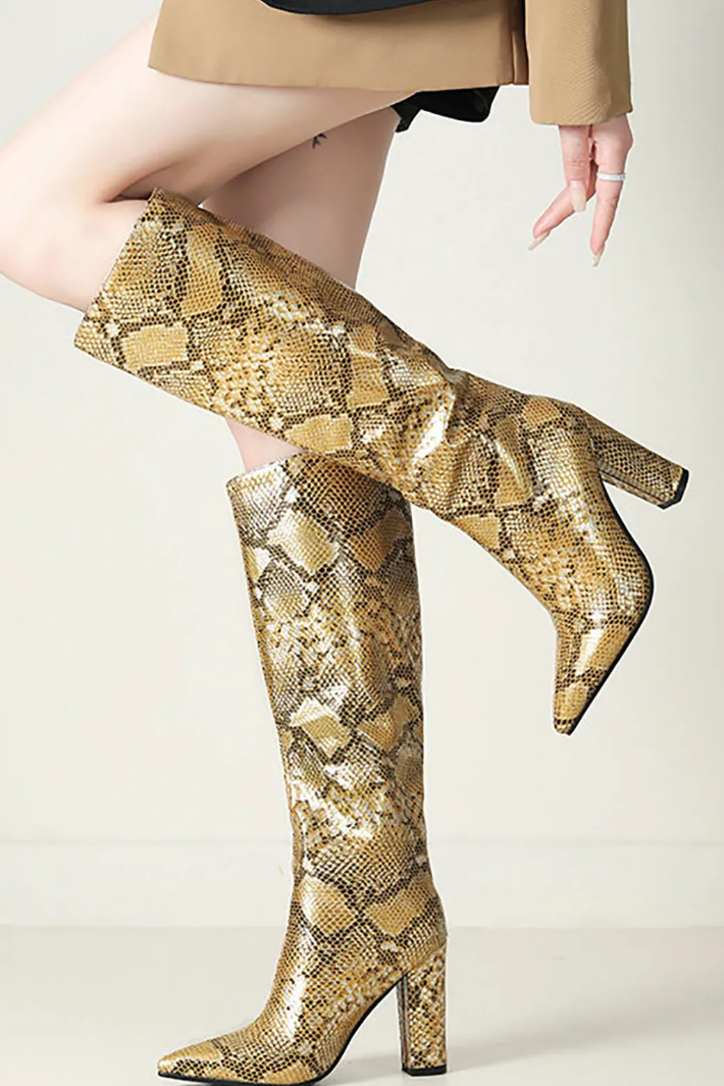 Snake Pattern Faux Leather Pointed Toe Knee High Boots