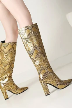 Snake Pattern Faux Leather Pointed Toe Knee High Boots