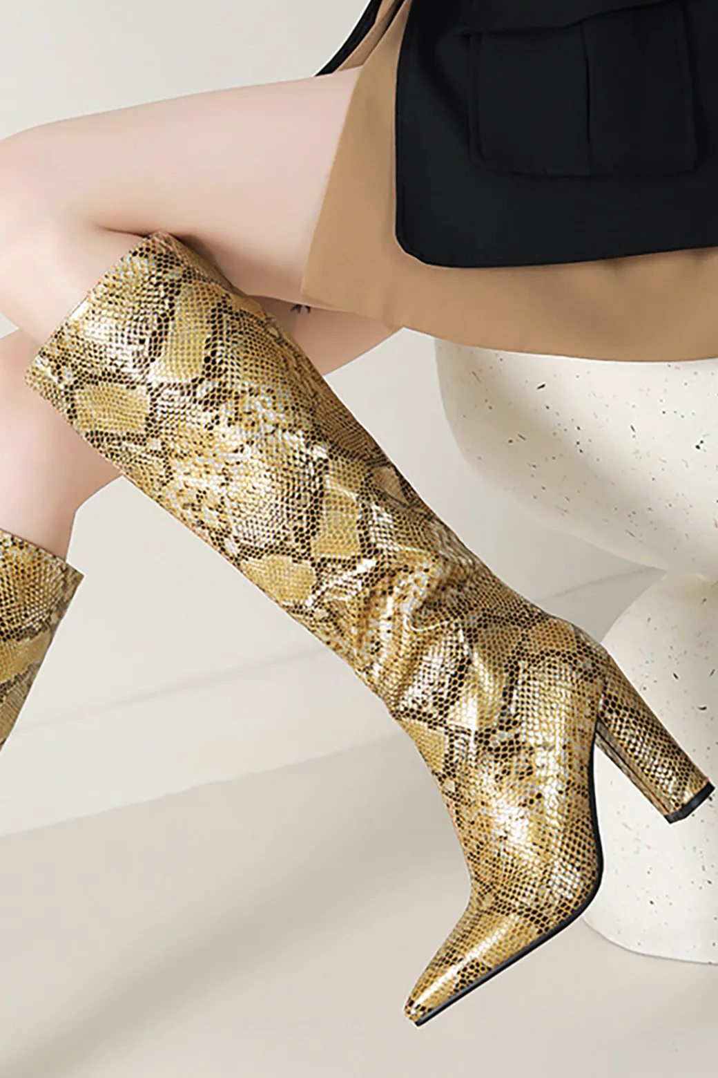 Snake Pattern Faux Leather Pointed Toe Knee High Boots