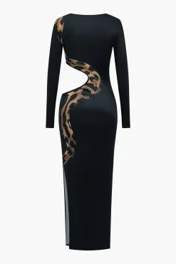 Snake Print Cut Out Long Sleeve Slit Maxi Dress