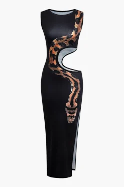 Snake Print Cut Out Sleeveless Slit Maxi Dress