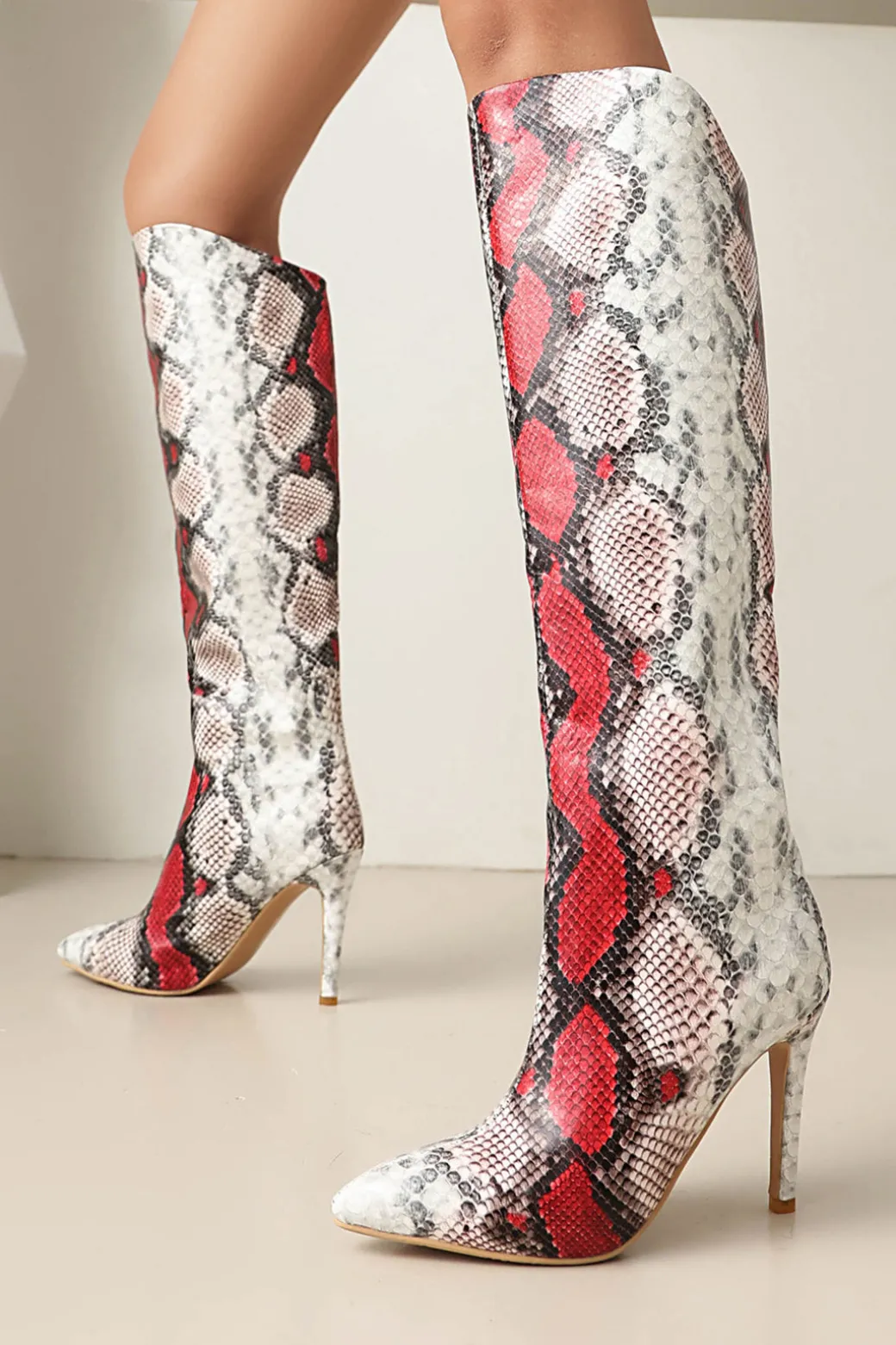 Snake Skin Faux Leather High Heel Pointed Toe Over The Knee Boots
