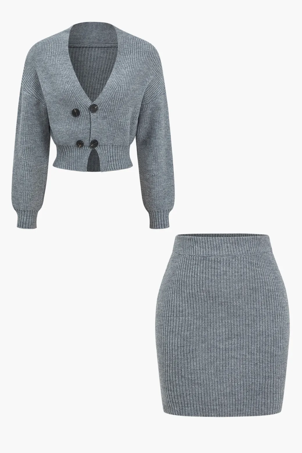 Solid Knit Button V-neck Top And Mini Skirt Set