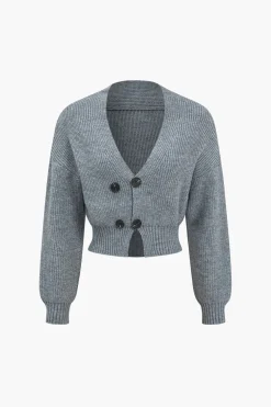 Solid Knit Button V-neck Top And Mini Skirt Set