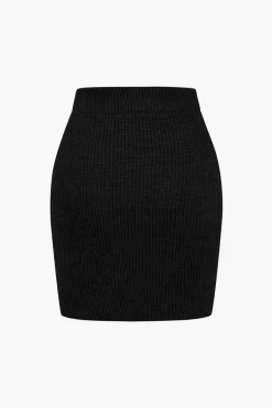 Solid Knit Button V-neck Top And Mini Skirt Set
