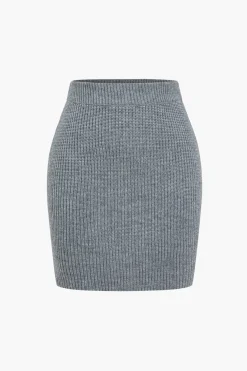 Solid Knit Button V-neck Top And Mini Skirt Set