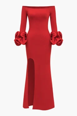 Solid Off Shoulder Side Slit Maxi Dress
