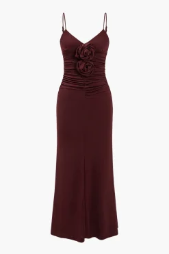 Solid Appliques Ruched Slip Midi Dress
