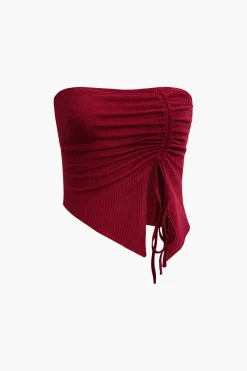 Solid Asymmetrical Drawstring Slit Tube Top