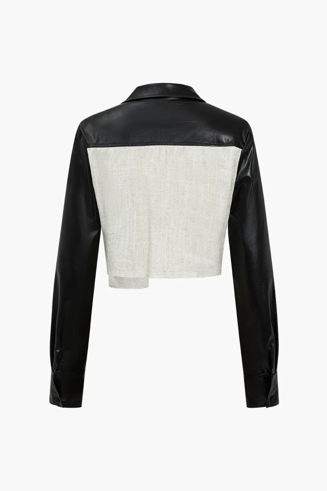 Solid Asymmetrical Faux Leather Patchwork Pocket Long-Sleeve Shirt