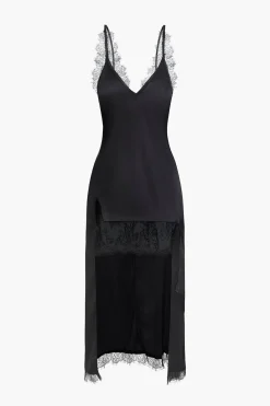 Solid Asymmetrical Lace V-Neck Maxi Dress