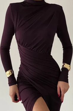 Solid Asymmetrical Ruched Slit Long-Sleeve Maxi Dress