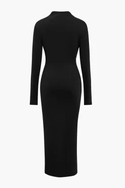 Solid Asymmetrical Ruched Slit Long-Sleeve Maxi Dress