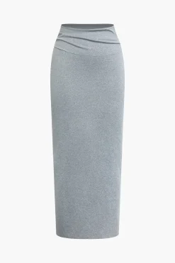 Solid Asymmetrical Twist Knot Top And Midi Skirt Set