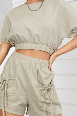Solid Backless Bow Knotted Short Set