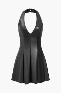 Solid Backless Halter Faux Leather Mini Dress