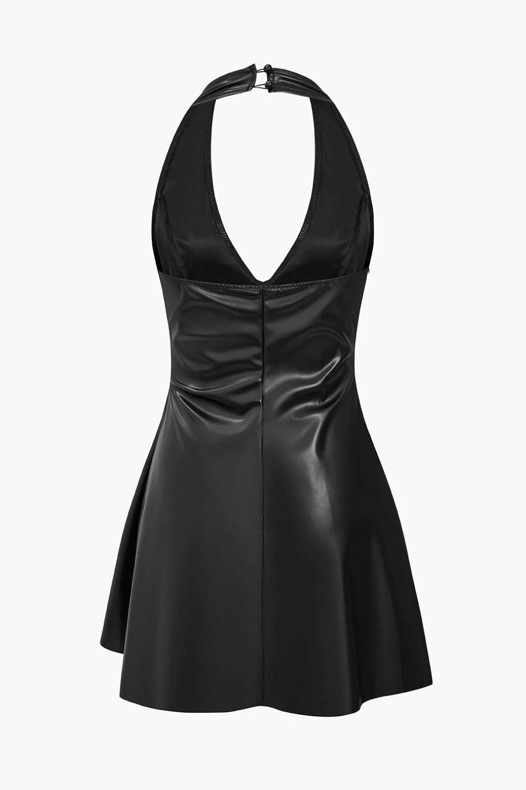 Solid Backless Halter Faux Leather Mini Dress