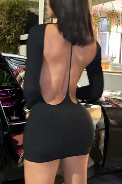 Solid Backless Long Sleeve Mini Dress