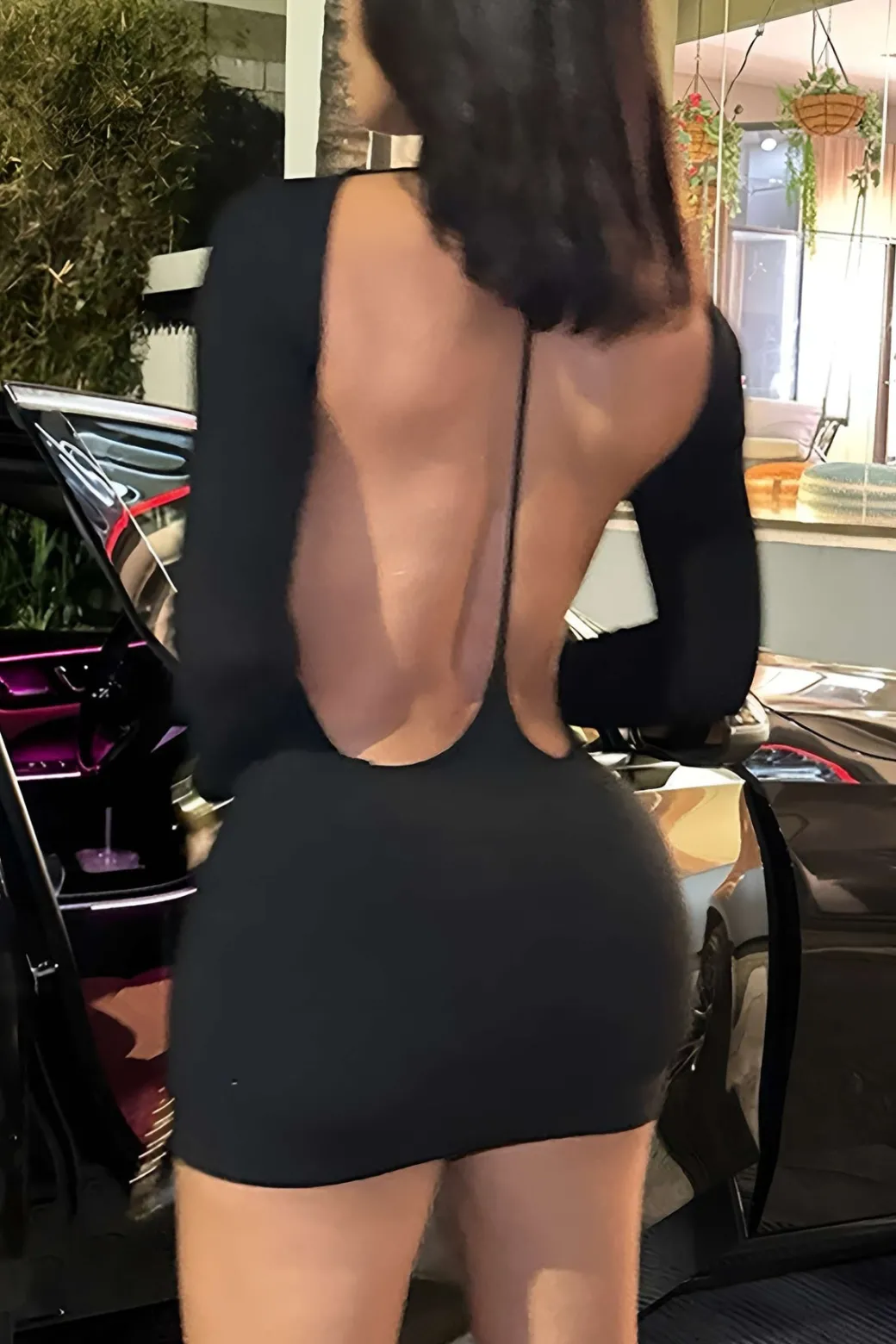 Solid Backless Long Sleeve Mini Dress