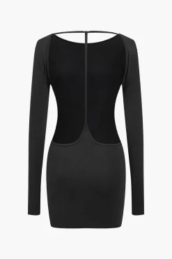 Solid Backless Long Sleeve Mini Dress