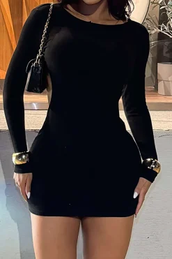 Solid Backless Long Sleeve Mini Dress
