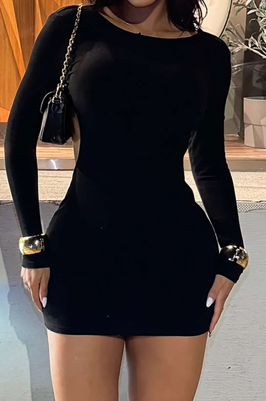 Solid Backless Long Sleeve Mini Dress