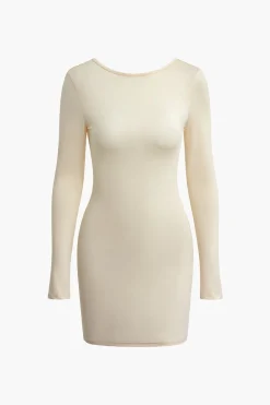 Solid Backless Long-Sleeve Mini Dress