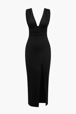 Solid Backless Ruched Slit Midi Dress