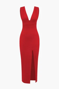 Solid Backless Ruched Slit Midi Dress