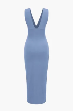 Solid Backless Ruched Slit Midi Dress