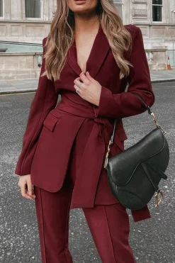 Solid Belt Blazer And Pants Set