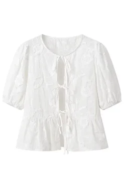 Solid Bow Embroidery Tie-Up Short-Sleeve Shirt