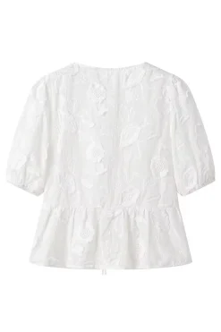 Solid Bow Embroidery Tie-Up Short-Sleeve Shirt