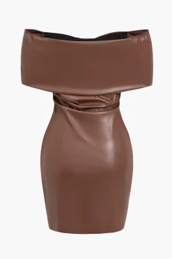 Solid Bow Faux Leather Off Shoulder Mini Dress