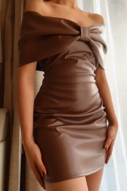 Solid Bow Faux Leather Off Shoulder Mini Dress