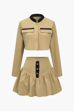 Solid Button Fake Pockets Skirt Set