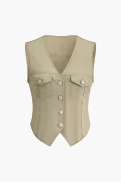 Solid Button Fake Pockets Vest