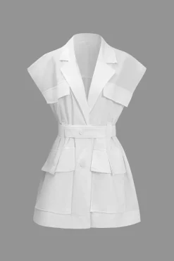 Solid Button Pocket Belted Short-Sleeve Shirt