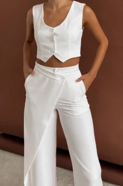 Solid Button Up Crop Vest And Asymmetrical Trouser Set
