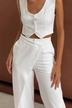 Solid Button Up Crop Vest And Asymmetrical Trouser Set