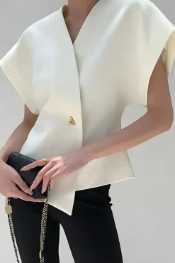 Solid Button V-Neck Short-Sleeve Shirt