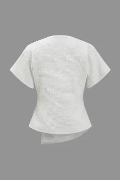 Solid Button V-Neck Short-Sleeve Shirt