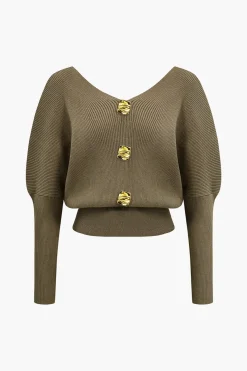 Solid Button V-Neck Sweater Long-Sleeve Top