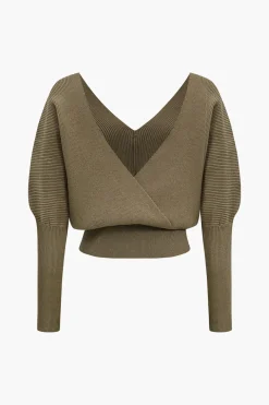 Solid Button V-Neck Sweater Long-Sleeve Top