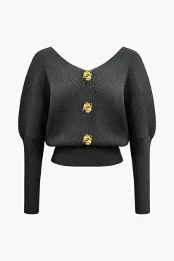 Solid Button V-Neck Sweater Long-Sleeve Top