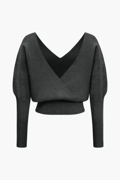 Solid Button V-Neck Sweater Long-Sleeve Top