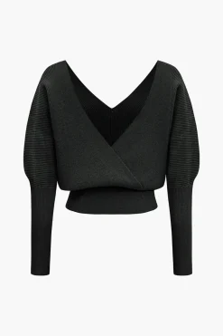 Solid Button V-Neck Sweater Long-Sleeve Top