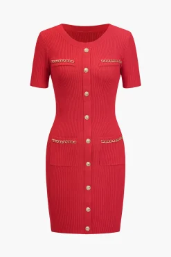 Solid Chain Pocket Knit Mini Dress