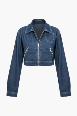 Solid Contrast Binding Pocket Zipper Denim Outerwear