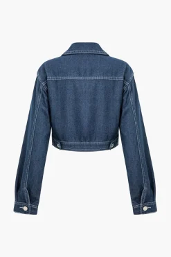 Solid Contrast Binding Pocket Zipper Denim Outerwear